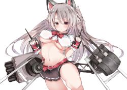 Rule 34 | 1girl, animal ears, azur lane, belt, belt buckle, black skirt, braid, breasts, buckle, claw pose, crop top, crop top overhang, fingerless gloves, gloves, highres, long hair, multicolored nails, mutou mame, nail polish, pleated skirt, red belt, red gloves, red nails, rigging, sarashi, short eyebrows, side braid, skirt, solo, tail, thick eyebrows, underboob, wolf ears, wolf girl, wolf tail, yuudachi (azur lane)