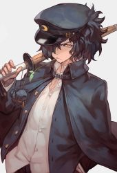 Rule 34 | 1boy, black cape, black hair, black hat, black jacket, bokken, buckle, cape, charm (object), closed mouth, collar, collared shirt, commentary request, crescent print, dog, dress shirt, facial hair, fate/grand order, fate (series), fingernails, gakuran, glowing, grey background, hair over one eye, hand in pocket, hat, highres, holding, holding sword, holding weapon, jacket, lack, long sleeves, looking at viewer, male focus, okada izou (dog) (fate), okada izou (fate), open clothes, open jacket, orange eyes, scarf, school uniform, shirt, solo, stubble, sword, unbuttoned, upper body, weapon, white shirt, wing collar, wooden sword