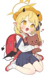 Rule 34 | 1girl, backpack, bag, blonde hair, blue archive, blush, bow, bowtie, commentary, demon horns, demon tail, demon wings, dress, dress shirt, fangs, female focus, full body, halo, hat, heart, highres, holding, holding stuffed toy, horns, ibuki (blue archive), long sleeves, looking to the side, medium hair, open mouth, opossumachine, pinafore dress, pointy ears, randoseru, red bag, red bow, red bowtie, red footwear, school uniform, shirt, simple background, sitting, sleeveless, sleeveless dress, socks, solo, strap slip, stuffed animal, stuffed toy, tail, teddy bear, wariza, white background, white socks, wings, yellow eyes, yellow halo, yellow hat