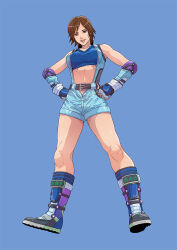 Rule 34 | 1girl, :d, bare shoulders, belt, blue background, blue footwear, blue gloves, blue jacket, blue tube top, boots, breasts, brown eyes, brown hair, cirenk, elbow pads, fingerless gloves, from below, full body, gloves, jacket, kazama asuka, large breasts, lips, looking at viewer, medium breasts, open mouth, short hair, simple background, sleeveless, sleeveless jacket, smile, solo, strapless, tekken, tube top