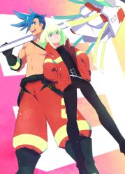 Rule 34 | 2boys, belt, blue eyes, blue hair, boots, galo thymos, gloves, green hair, hand in pocket, holding, holding weapon, jacket, kiharatta, lio fotia, male focus, matoi, multiple boys, open mouth, pants, pectorals, polearm, promare, purple eyes, shirt, topless male, smile, spear, spiked hair, weapon
