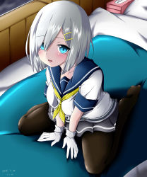 Rule 34 | 1girl, absurdres, bed, bed sheet, black pantyhose, blue eyes, blush, breasts, eyes visible through hair, full body, gloves, hair ornament, hair over one eye, hairclip, hamakaze (kancolle), highres, indoors, kantai collection, looking at viewer, medium breasts, neckerchief, no shoes, on bed, open mouth, pantyhose, pillow, pleated skirt, school uniform, serafuku, shinobusn, short hair, short sleeves, silver hair, sitting, skirt, solo, tissue box, wariza, white gloves, yellow neckerchief