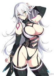 Rule 34 | 1girl, age progression, aged up, arm belt, bare shoulders, belt, belt buckle, black gloves, black panties, black thighhighs, blush, breasts, bridal gauntlets, buckle, cameltoe, chain, cleavage, closed mouth, detached sleeves, facial scar, fate/apocrypha, fate/grand order, fate (series), gloves, green eyes, hair between eyes, highleg, highleg panties, highres, jack the ripper (fate/apocrypha), large breasts, long hair, looking at viewer, navel, panties, puuzaki puuna, scar, scar across eye, scar on cheek, scar on face, sheath, shoulder tattoo, simple background, solo, tattoo, thighhighs, thighs, underwear, white background, white hair