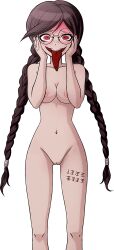 Rule 34 | blush, braid, braided ponytail, breasts, brown hair, cleavage, cleft of venus, collarbone, completely nude, danganronpa: trigger happy havoc, danganronpa (series), danganronpa s: ultimate summer camp, eyebrows, feet out of frame, fukawa toko, full body, genocider shou, glasses, hands on own face, highres, kosine1777, long tongue, looking at viewer, medium breasts, navel, nipples, nude, pussy, red eyes, scar, scar on leg, self-harm, smile, teeth, tongue, transparent background, twintails, upper teeth only
