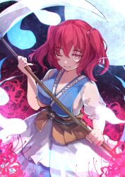 Rule 34 | 1girl, chiroru (cheese-roll), closed mouth, flower, highres, holding, holding weapon, looking at viewer, moon, one eye closed, onozuka komachi, red hair, scythe, short twintails, smile, spider lily, touhou, twintails, weapon