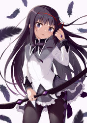 Rule 34 | 1girl, absurdres, akemi homura, argyle, argyle clothes, argyle legwear, black hair, bow (weapon), capelet, feathers, highres, long hair, looking at viewer, mahou shoujo madoka magica, puella anko, purple eyes, simple background, solo, weapon