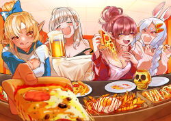 Rule 34 | 4girls, absurdres, alcohol, bare shoulders, beer, black bra, blonde hair, blue bow, blunt bangs, bow, bra, breasts, cleavage, closed eyes, food, french fries, fried egg, giving food, grey hair, hair bow, heterochromia, highres, hololive, hood, hood down, houshou marine, indoors, ketchup, large breasts, licking lips, long hair, medium breasts, multiple girls, no nose, open mouth, pepperoni, pink sweater, pizza, plate, pointy ears, ponytail, pov, red eyes, red hair, shiranui flare, shirogane noel, shirogane noel (casual), small breasts, smile, strap slip, sweater, ton (ton39342104), tongue, tongue out, underwear, usada pekora, virtual youtuber, yellow eyes