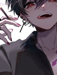 Rule 34 | 1boy, black hair, black shirt, bokuhaboku, chest tattoo, cigarette, earrings, fang, highres, holding, holding cigarette, idolish7, jacket, jewelry, looking down, male focus, mole, mole on chest, mole under eye, momo (idolish7), multicolored hair, multiple earrings, open mouth, pink nails, red eyes, shirt, short hair, solo, tattoo, teeth, tongue, tongue out, white hair, white jacket