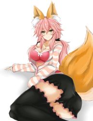 Rule 34 | 10s, 1girl, animal ears, blush, bra, breasts, cleavage, collarbone, fate/extra, fate/grand order, fate (series), fox ears, fox tail, jewelry, large breasts, light smile, looking at viewer, necklace, official alternate costume, open clothes, open shirt, pink bra, pink hair, ryou (619-619), shirt, simple background, solo, tail, tamamo no mae (fate/extra), tamamo no mae (spring casual) (fate), thighhighs, underwear, white background, yellow eyes, zettai ryouiki
