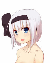 Rule 34 | 1girl, bad id, bad pixiv id, blue eyes, blush, collarbone, hair ribbon, katanakko daisuki, konpaku youmu, looking at viewer, nude, open mouth, out-of-frame censoring, ribbon, simple background, solo, touhou, upper body, white background