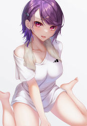 Rule 34 | 1girl, absurdres, bare shoulders, blush, breasts, collarbone, gundou mirei, hair ornament, hairclip, highres, large breasts, logo, looking at viewer, nijisanji, off shoulder, parted lips, purple eyes, purple hair, rai (newtype xm-x1), shirt, short sleeves, simple background, sitting, smile, solo, thighs, towel, towel around neck, virtual youtuber, wariza, white background, white shirt