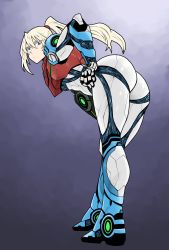 Rule 34 | 1girl, arm cannon, armor, ass, bent over, blonde hair, blue eyes, commentary request, hand on own hip, highres, looking at viewer, metroid, metroid dread, nintendo, ponytail, power armor, samus aran, tsunamino yuu, weapon