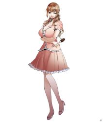 Rule 34 | 1girl, :d, breast hold, breasts, brown hair, cleavage, crossed arms, dress, frilled shirt, frilled skirt, frills, full body, grey eyes, high heels, highres, holding, kiyohara hiro, large breasts, long hair, looking at viewer, murase chika, official art, open mouth, pinky out, pleated skirt, shirt, shoes, simple background, skirt, smile, solo, standing, tiptoes, tokushu houdoubu, watermark, white background