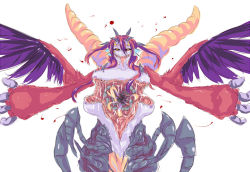 Rule 34 | black sclera, breasts, colored sclera, dunceneygak, extra ears, extra eyes, extra legs, feathered wings, feathers, horns, arthropod girl, large breasts, monster girl, nipples, open chest, outstretched arms, red hair, spread arms, tail, wings, yellow eyes