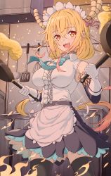 Rule 34 | 1girl, :d, absurdres, apron, black thighhighs, blonde hair, breasts, choker, collared shirt, colored tips, commentary, cooking, cowboy shot, dragon girl, dragon horns, dual wielding, egg, fangs, fire, food, frills, frying pan, gloves, gradient hair, hair between eyes, highres, holding, holding frying pan, horns, huge filesize, kitchen, kitchen hood, kobayashi-san chi no maidragon, ladle, large breasts, long hair, looking at object, low ponytail, maid, maid apron, maid headdress, multicolored hair, omelet, open mouth, orange hair, shirt, sleeveless, slit pupils, smile, solo, spatula, standing, teeth, thighhighs, tohru (maidragon), upper teeth only, very long hair, whisk, white gloves, yozora (1wkdgusdn), zettai ryouiki