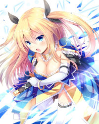 Rule 34 | &gt;:o, 1girl, :o, armor, armored dress, black ribbon, blonde hair, blue dress, blue eyes, blush, bracelet, breasts, cleavage, collarbone, detached collar, dress, elbow gloves, gloves, hair ribbon, jewelry, knight, large breasts, leaning forward, long hair, looking at viewer, noe noel, open mouth, original, pauldrons, ribbon, shoulder armor, solo, thighhighs, tsurime, twintails, two side up, v-shaped eyebrows, white gloves, white thighhighs
