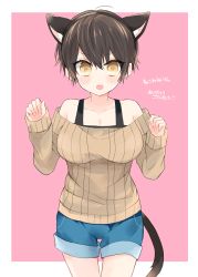 Rule 34 | 1girl, amesawa mokke, animal ears, bad id, bad pixiv id, bare shoulders, blush, breasts, cat ears, cat tail, collarbone, cowboy shot, hands up, highres, large breasts, looking at viewer, open mouth, original, ribbed sweater, short hair, shorts, sidelocks, solo, sweater, tail, tareme, teeth