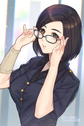 Rule 34 | 1girl, adjusting eyewear, arm warmers, black hair, breasts, brown eyes, buttons, female focus, final fantasy, final fantasy vii, final fantasy vii remake, glasses, large breasts, nayo (ff7), ohse, open mouth, short hair, side part, solo, square enix