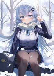 Rule 34 | 1girl, bag, black bag, black pantyhose, blue coat, blue eyes, blue hair, blue necktie, blue skirt, blush, branch, breasts, coat, commentary, crossed bangs, feet out of frame, grey vest, gyozanuko, hair between eyes, hair ornament, hand up, handbag, highres, lapels, large breasts, long hair, long sleeves, looking at viewer, necktie, open mouth, original, pantyhose, pleated skirt, scarf, shirt, sitting, skirt, snow on body, snow on head, snowing, snowman, solo, symbol-only commentary, tree, vest, white scarf, white shirt, x hair ornament