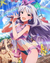 Rule 34 | 10s, 1girl, :d, audience, bikini, bow, bracelet, cloud, day, earrings, hair bow, hairband, idolmaster, idolmaster (classic), idolmaster million live!, jewelry, jpeg artifacts, lens flare, long hair, looking at viewer, microphone, music, navel, necklace, official art, open mouth, rainbow, red eyes, see-through, shijou takane, silver hair, singing, sky, smile, solo, swimsuit, wireless