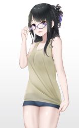 Rule 34 | 1girl, bad id, bad twitter id, bare legs, bare shoulders, black hair, blue-framed eyewear, blue shorts, blush, breasts, cleavage, collarbone, cowboy shot, unworn eyewear, folded ponytail, glasses, green shirt, hair between eyes, hair ornament, hand up, highres, holding, holding removed eyewear, idolmaster, idolmaster shiny colors, kazano hiori, long hair, looking at viewer, open mouth, ponytail, purple eyes, ryouta (ryouta335), shirt, short shorts, shorts, sidelocks, simple background, small breasts, solo, tank top, white background