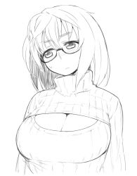 Rule 34 | 1girl, breasts, cleavage, cleavage cutout, clothing cutout, glasses, greyscale, large breasts, looking away, medium hair, meme attire, monochrome, moru (monaka), open-chest sweater, original, ribbed sweater, simple background, solo, sweatdrop, sweater, thick eyebrows, turtleneck, turtleneck sweater, upper body, white background