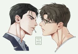 Rule 34 | 2boys, black hair, blue eyes, brown hair, cigarette, copyright name, glasses, green eyes, highres, jin cheong-woo, korean commentary, looking at another, matthew raynor, multiple boys, ok je, short hair, simple background, thick eyebrows, under the greenlight, white background, yaoi