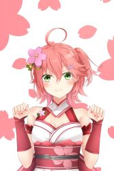 Rule 34 | 1girl, absurdres, ahoge, armband, armpits, bare shoulders, belt, blush, breasts, bridal gauntlets, cherry blossoms, cleavage, cleavage cutout, clothing cutout, detached sleeves, fingernails, flower, green eyes, hair ornament, hairclip, hands up, highres, hololive, looking at viewer, nail polish, nontraditional miko, petals, pink hair, pink nails, rin (0917608), sakura miko, sakura miko (old design), short hair, small breasts, smile, solo, upper body, virtual youtuber, white background