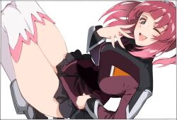 Rule 34 | 1girl, agnes giebenrath, black jacket, black skirt, commentary request, gundam, gundam seed, gundam seed freedom, highres, jacket, kei (soundcross), lips, looking at viewer, military uniform, one eye closed, open mouth, pink hair, pleated skirt, simple background, sitting, skirt, smile, solo, teeth, thick thighs, thighhighs, thighs, twintails, uniform, upper teeth only, white background, white thighhighs
