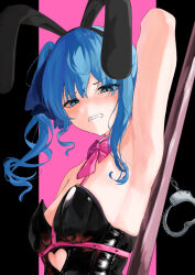 Rule 34 | 1girl, absurdres, animal ears, arm at side, arm up, armpits, bare shoulders, black background, black hairband, black leotard, blue eyes, blue hair, blue ribbon, blush, bow, bowtie, breasts, clenched teeth, clothing cutout, commentary, cosplay, cuffs, cutout above navel, detached collar, disgust, embarrassed, fake animal ears, furrowed brow, grimace, hair ribbon, hairband, handcuff dangle, handcuffs, hatsune miku, hatsune miku (cosplay), heart, heart cutout, highres, hololive, hoshimachi suisei, leotard, looking at viewer, loose hair strand, making-of available, necktie, noname (user wkpu7848), nose blush, parted lips, pink background, pink bow, pink bowtie, pink necktie, pink ribbon, pole, rabbit ears, rabbit hole (vocaloid), ribbon, shiny clothes, side ponytail, sidelocks, small breasts, solo, stripper pole, teeth, upper body, virtual youtuber, vocaloid, wavy hair