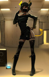 Rule 34 | 1girl, ^ ^, amplifier, backrooms (creepypasta), black hair, black thighhighs, boots, breasts, cellphone, closed eyes, collar, dress, ehrrr, closed eyes, highres, horns, mask, misery-chan, mouth mask, musical note, original, phone, short hair, smartphone, solo, tail, thigh strap, thighhighs