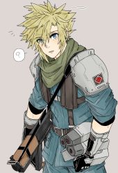 Rule 34 | 1boy, ?, armor, belt, blonde hair, blue eyes, blue pants, blue shirt, cloud strife, cowboy shot, crisis core final fantasy vii, fe79793, final fantasy, final fantasy vii, gloves, green scarf, grey background, gun, hair between eyes, helmet, highres, holding, holding helmet, looking at viewer, male focus, official alternate costume, pants, parted lips, scarf, shinra infantry uniform, shirt, short hair, shoulder armor, sleeves rolled up, solo, spiked hair, spoken question mark, square enix, suspenders, weapon