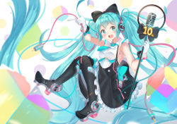 Rule 34 | 1girl, absurdly long hair, absurdres, bare shoulders, black thighhighs, blue eyes, blue hair, blush, boots, breasts, full body, gloves, hatsune miku, highres, holding, holding microphone, holmemee, long hair, looking at viewer, magical mirai (vocaloid), magical mirai miku, magical mirai miku (2016), medium breasts, microphone, open mouth, platform boots, platform footwear, smile, solo, thighhighs, twintails, very long hair, vocaloid, white gloves