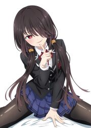 Rule 34 | 1girl, black hair, black jacket, black pantyhose, blazer, blue skirt, collared shirt, date a live, dyantocialong, hair over one eye, hand up, highres, index finger raised, jacket, long hair, long sleeves, looking at viewer, low twintails, miniskirt, neck ribbon, pantyhose, parted lips, pleated skirt, raizen high school uniform, red eyes, ribbon, school uniform, shirt, simple background, sitting, skirt, smile, solo, spread legs, tokisaki kurumi, twintails, white background