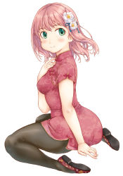 Rule 34 | 1girl, bad id, bad pixiv id, breasts, china dress, chinese clothes, curvy, dress, female focus, flower, full body, green eyes, hair ornament, kneeling, legs, looking back, medium breasts, narrow waist, original, pantyhose, pink hair, shoes, simple background, smile, solo, takagi hideaki, white background