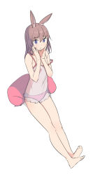 Rule 34 | 1girl, :t, animal ear fluff, animal ears, bare arms, bare legs, bare shoulders, barefoot, blue eyes, blush, brown hair, camisole, closed mouth, cushion, full body, hair between eyes, hands up, highres, long hair, original, panties, pink panties, rabbit ears, saiste, see-through, simple background, sitting, solo, strap slip, underwear, underwear only, white background