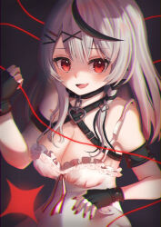 Rule 34 | 1girl, belt, black choker, black collar, black gloves, black hair, breasts, camisole, chest belt, choker, cleavage, collar, fang, fingerless gloves, frilled camisole, frills, gloves, grey hair, hair ornament, heart collar, heart pendant, hololive, krnishiro, large breasts, long hair, looking at viewer, multicolored hair, open mouth, red eyes, red nails, sakamata chloe, skin fang, smile, streaked hair, virtual youtuber, white camisole, x hair ornament