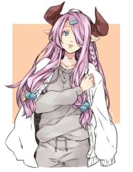 Rule 34 | 10s, 1girl, alternate costume, bad id, bad pixiv id, blue eyes, braid, breasts, cardigan, cowboy shot, demon horns, draph, granblue fantasy, hair ornament, hair over one eye, hairclip, horns, jacket, jacket on shoulders, large breasts, light purple hair, long hair, long sleeves, looking away, looking to the side, narmaya (granblue fantasy), pants, parted lips, pointy ears, pom pom (clothes), purple hair, smile, solo, sweater, yoshiharuman