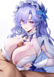 1boy 1girl :q absurdres blue_eyes breasts cantarella_(wuthering_waves) censored closed_mouth commentary covered_erect_nipples hair_between_eyes hetero highres large_breasts long_hair looking_at_viewer mole mole_under_eye mosaic_censoring paid_reward_available paizuri penis purple_hair rourou_(been) simple_background smile solo_focus sweat tongue tongue_out twitter_username white_background wuthering_waves