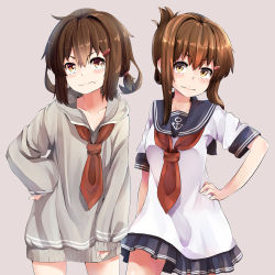 Rule 34 | 2girls, adapted costume, anchor symbol, black legwear, black sailor collar, brown eyes, brown hair, commentary request, cowboy shot, dress, fang, folded ponytail, grey background, grey dress, hair ornament, hairclip, highres, ikazuchi (kancolle), inazuma (kancolle), kantai collection, long hair, looking at viewer, multiple girls, neckerchief, pleated skirt, red neckerchief, sailor collar, school uniform, serafuku, shirt, short hair, short sleeves, simple background, skin fang, skirt, standing, sweater, sweater dress, symmetry, taisho (gumiyuki), white shirt