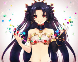 Rule 34 | 1girl, armlet, asymmetrical sleeves, bare arms, bare shoulders, between fingers, bikini, bikini top only, black gloves, black hair, black ribbon, breasts, bridal gauntlets, cleavage, closed mouth, cocorosso, collar, collarbone, crystal, earrings, elbow gloves, fate/grand order, fate (series), female focus, gem, gling, glint, gloves, gradient background, hair ribbon, holding, hoop earrings, ishtar (fate), jewelry, long hair, looking at viewer, midriff, navel, neck, red eyes, revealing clothes, ribbon, single elbow glove, single glove, small breasts, smile, sparkle, stomach, strapless, swimsuit, tiara, tohsaka rin, two side up, type-moon, uneven sleeves, upper body, very long hair, white bikini