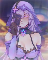 Rule 34 | 1girl, absurdres, black gloves, black swan (honkai: star rail), blurry, blurry background, breasts, card, cleavage, commentary request, dress, elbow gloves, gloves, hand up, highres, holding, holding card, honkai: star rail, honkai (series), karmen hargidsi, long hair, looking at viewer, medium breasts, purple dress, purple eyes, purple hair, sleeveless, sleeveless dress, smile, solo, upper body, veil, very long hair