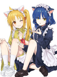 Rule 34 | 2girls, alternate costume, animal ears, apron, black dress, blonde hair, blue hair, blush, bocchi the rock!, cat ears, cat tail, closed mouth, commentary, dress, enmaided, finger heart, green eyes, highres, ijichi nijika, long hair, long sleeves, maid, maid apron, maid headdress, makihitsuji, mole, mole under eye, money gesture, multiple girls, one eye closed, one side up, open mouth, orange eyes, short hair, simple background, smile, symbol-only commentary, tail, white apron, white background, yamada ryo, yellow dress