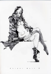 Rule 34 | 1girl, absurdres, arm support, barefoot, boots, breasts, coat, concept art, fingerless gloves, gloves, greyscale, hair over one eye, highres, konami, crossed legs, long coat, long hair, medium breasts, metal gear (series), metal gear solid, monochrome, naked coat, nipples, no panties, nude, official art, scan, scan artifacts, shinkawa youji, shoes, single shoe, single thighhigh, sitting, sniper wolf, solo, thighhighs