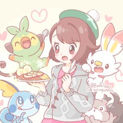 Rule 34 | 1girl, apple, apple slice, artist name, asakoline, beret, black eyes, brown hair, closed eyes, commentary request, creatures (company), curry, fang, food, fried egg, fruit, game freak, gen 8 pokemon, gloria (pokemon), grey sweater, grookey, happy, hat, holding, holding plate, holding spoon, monkey, nintendo, open mouth, pink shirt, plate, pokemon, pokemon (creature), pokemon swsh, rabbit, scorbunny, shirt, short hair, skwovet, smile, sobble, spoon, sweater, tail, teeth, tongue, tongue out, twitter username, upper teeth only, white background, white fur