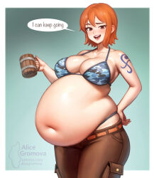 Rule 34 | 1girl, big belly, breasts, brown eyes, cleavage, highres, large breasts, nami (one piece), navel, one piece, orange hair, short hair, solo, stomach