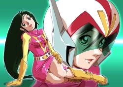Rule 34 | 1girl, boots, breasts, choudenji robo combattler v, dress, gloves, green background, green hair, hand on own thigh, head tilt, helmet, highres, long hair, looking at viewer, multiple views, nanbara chizuru, nishimura nobuyoshi, open mouth, pilot suit, pink dress, sitting, small breasts, smile, very long hair, yellow footwear, yellow gloves