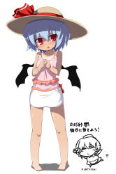 Rule 34 | 2girls, :3, :o, = =, barefoot, bat wings, blue hair, chibi, chibi inset, female focus, fidgeting, hat, head tilt, index fingers together, izayoi sakuya, looking at viewer, mamo williams, multiple girls, pigeon-toed, pocket watch, red eyes, remilia scarlet, short hair, simple background, standing, straw hat, tan, tanline, touhou, watch, white background, wings