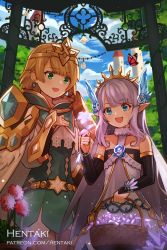 Rule 34 | 2girls, :d, animal, artist name, bare shoulders, basket, bee, black flower, blue eyes, blush, brown hair, bug, butterfly, character request, commentary, crystal, day, dragalia lost, dress, earrings, english commentary, fingerless gloves, fire emblem, fire emblem heroes, fjorm (fire emblem), flower, gloves, green dress, green eyes, hair ornament, hand on own chest, hand up, headpiece, hentaki, highres, holding, holding basket, holding flower, ice, bug, jewelry, lily (granblue fantasy), long hair, multiple girls, nintendo, open mouth, outdoors, pointy ears, purple flower, purple hair, red flower, sleeveless, sleeveless dress, smile, tiara, tower, vambraces, very long hair, watermark, web address, white dress, white flower