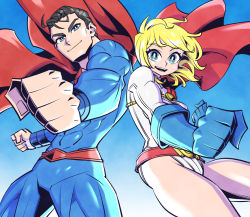 Rule 34 | 1boy, 1girl, black hair, blonde hair, blue eyes, blue gloves, bodysuit, breasts, cape, clenched hands, closed mouth, dc comics, gloves, looking at viewer, open mouth, power girl, red cape, smile, sunafuki tabito, superhero costume, superman, superman (series)